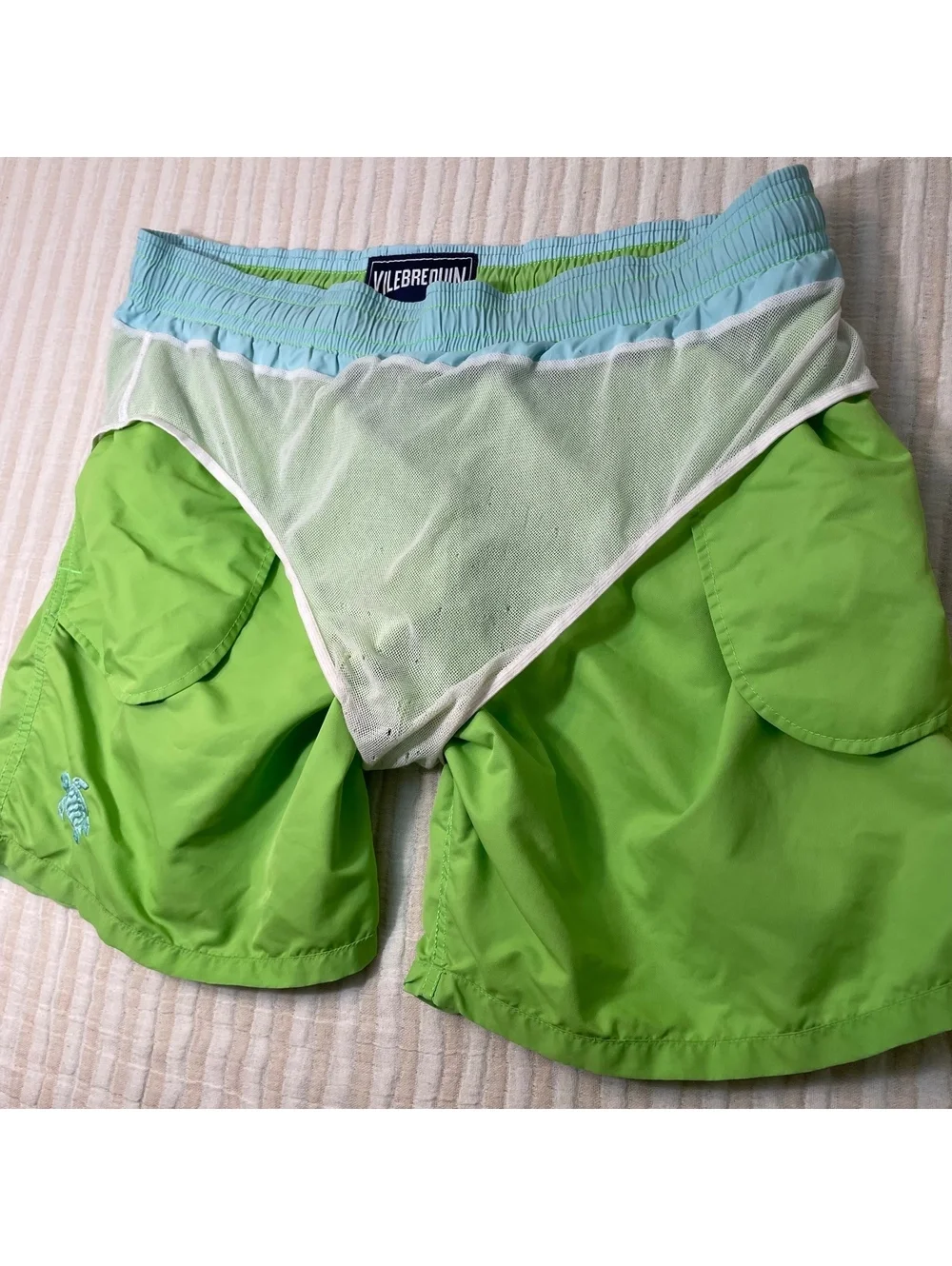 Vilebrequin Men's Green And Teal Swim Trunks with Turtle Embroidery